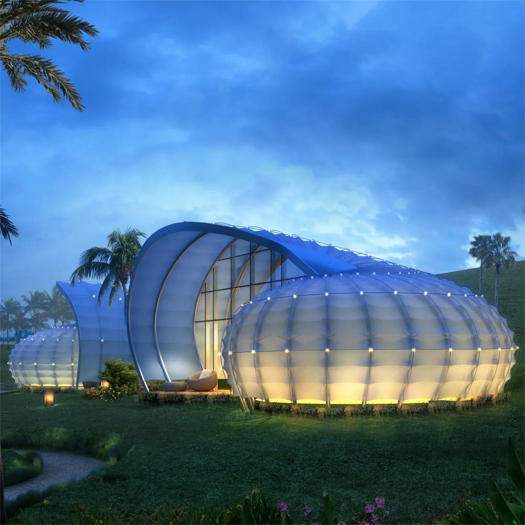 Luxury Snail Glamping Tent PVDF Tensile Structure Hotel